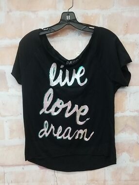 NWT Aero Live Love Dream Black Sequin Script Tee